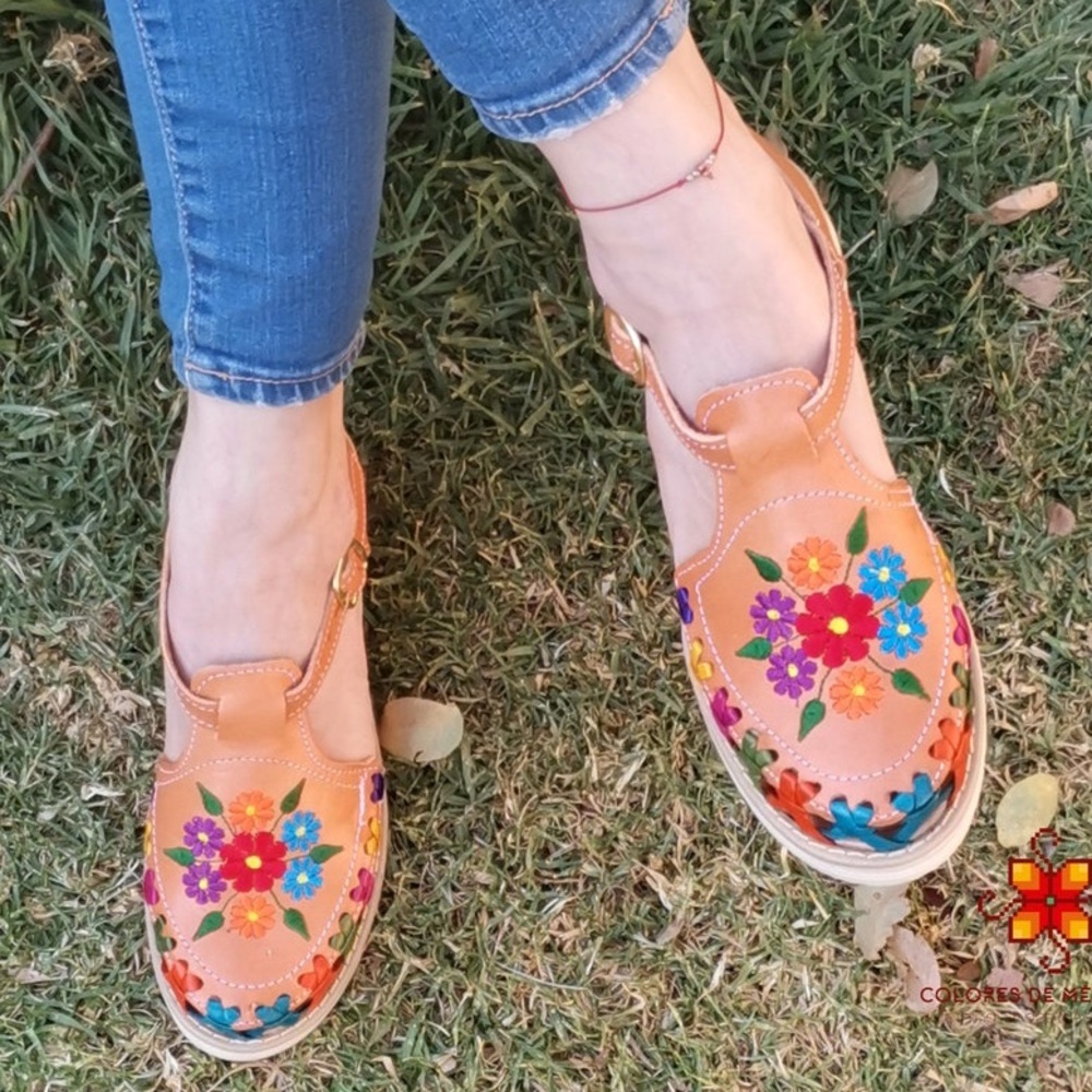 Beautiful Mexican Embroidered Tan & Multicolor Woven Leather Huarache Sandals.